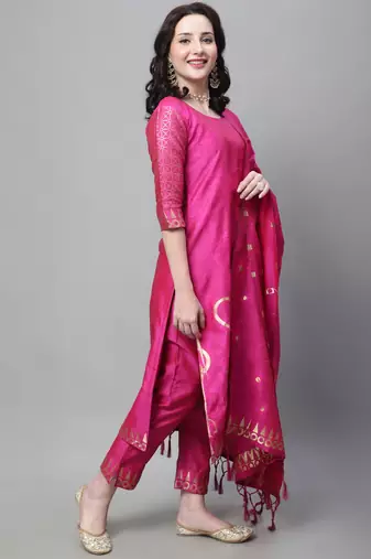 Pink embroidered cotton silk jacquard salwar suit