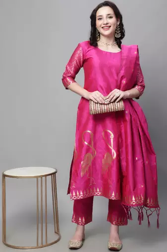 Pink embroidered cotton silk jacquard salwar suit
