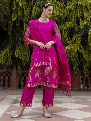 Pink embroidered cotton silk jacquard salwar suit 1