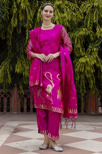 Pink embroidered cotton silk jacquard salwar suit