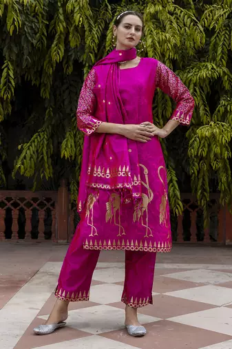 Pink embroidered cotton silk jacquard salwar suit