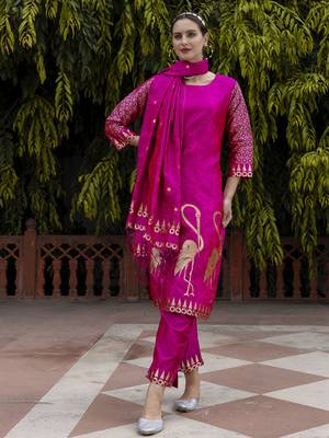 Pink embroidered cotton silk jacquard salwar suit 4