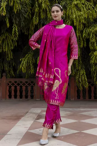 Pink embroidered cotton silk jacquard salwar suit
