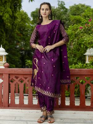 Purple embroidered cotton silk jacquard salwar suit 1