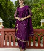 Purple embroidered cotton silk jacquard salwar suit