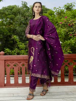 Purple embroidered cotton silk jacquard salwar suit 2