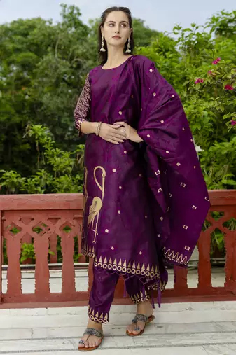 Purple embroidered cotton silk jacquard salwar suit