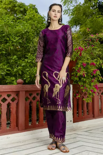 Purple embroidered cotton silk jacquard salwar suit
