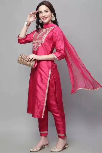 Pink embroidered silk blend salwar suit