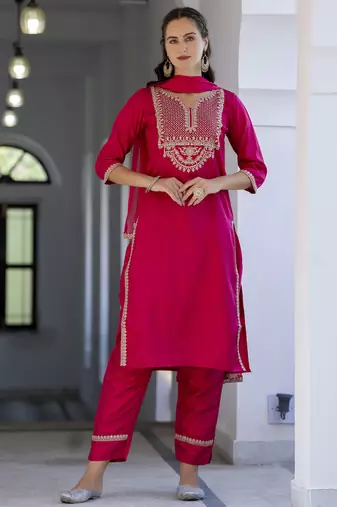 Pink embroidered silk blend salwar suit
