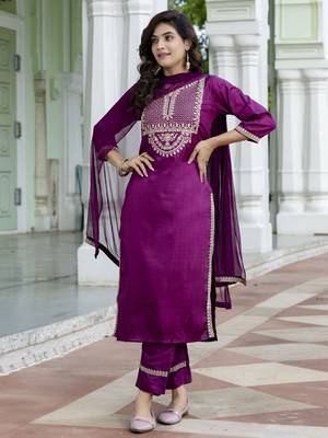 Purple embroidered silk blend salwar suit 1