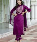 Purple embroidered silk blend salwar suit