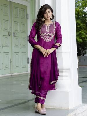 Purple embroidered silk blend salwar suit 2