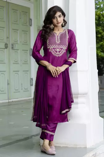 Purple embroidered silk blend salwar suit