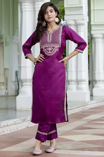 Purple embroidered silk blend salwar suit