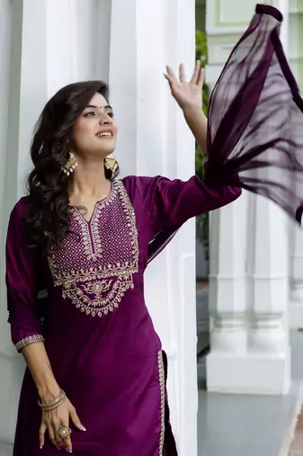 Purple embroidered silk blend salwar suit