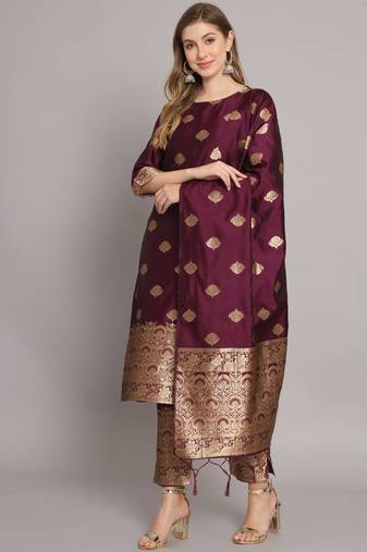 Purple embroidered cotton silk jacquard salwar suit