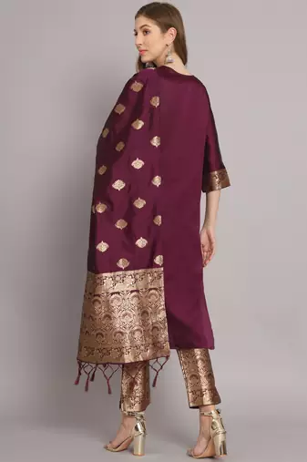 Purple embroidered cotton silk jacquard salwar suit