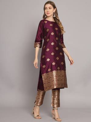 Purple embroidered cotton silk jacquard salwar suit 3