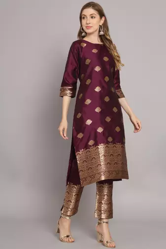 Purple embroidered cotton silk jacquard salwar suit