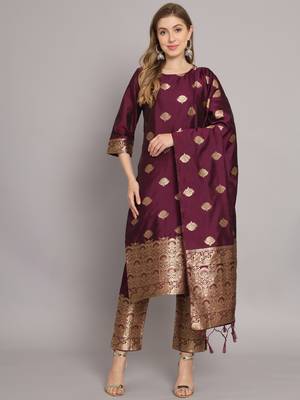 Purple embroidered cotton silk jacquard salwar suit 4