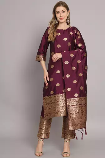 Purple embroidered cotton silk jacquard salwar suit