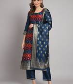 Blue embroidered cotton silk jacquard salwar suit