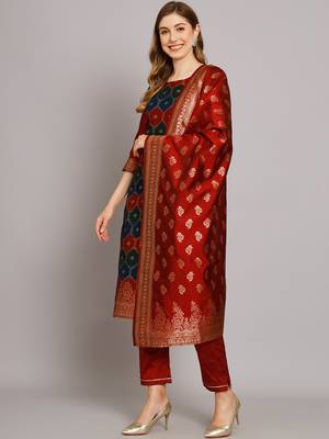 Maroon embroidered cotton silk jacquard salwar suit 1
