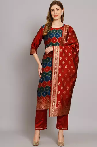 Maroon embroidered cotton silk jacquard salwar suit
