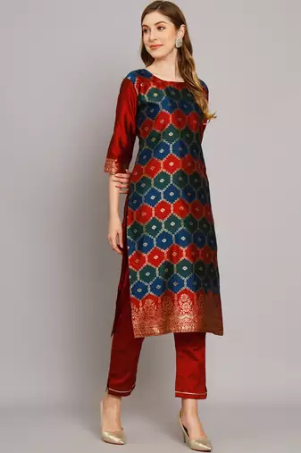 Maroon embroidered cotton silk jacquard salwar suit