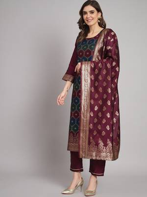 Purple embroidered cotton silk jacquard salwar suit 1