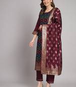 Purple embroidered cotton silk jacquard salwar suit