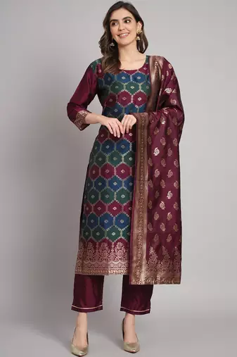 Purple embroidered cotton silk jacquard salwar suit