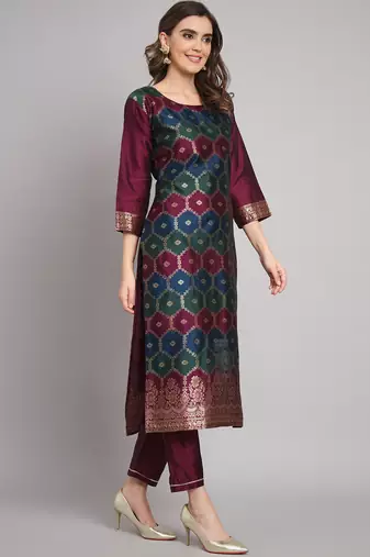 Purple embroidered cotton silk jacquard salwar suit