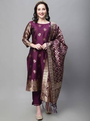 Purple embroidered cotton silk jacquard salwar suit 1