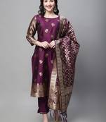 Purple embroidered cotton silk jacquard salwar suit