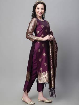 Purple embroidered cotton silk jacquard salwar suit 2