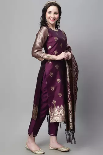 Purple embroidered cotton silk jacquard salwar suit