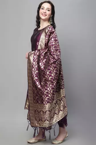 Purple embroidered cotton silk jacquard salwar suit