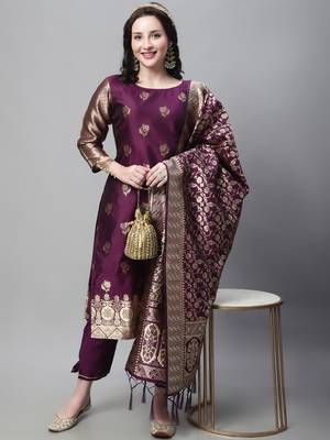 Purple embroidered cotton silk jacquard salwar suit 4