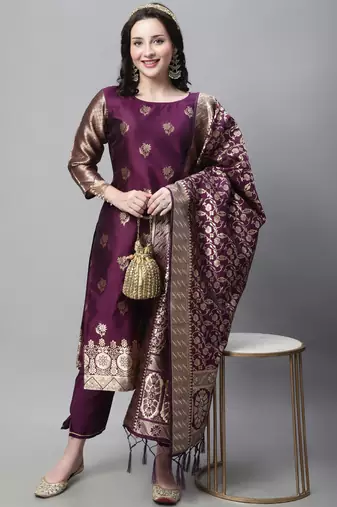 Purple embroidered cotton silk jacquard salwar suit