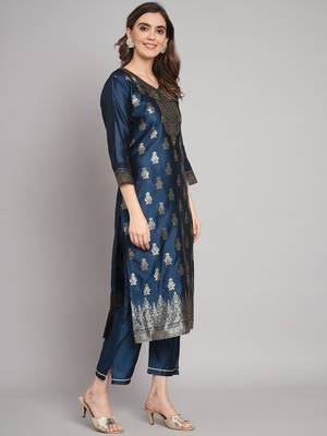 Blue embroidered cotton silk jacquard salwar suit 1