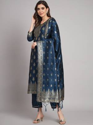 Blue embroidered cotton silk jacquard salwar suit 2