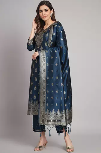 Blue embroidered cotton silk jacquard salwar suit