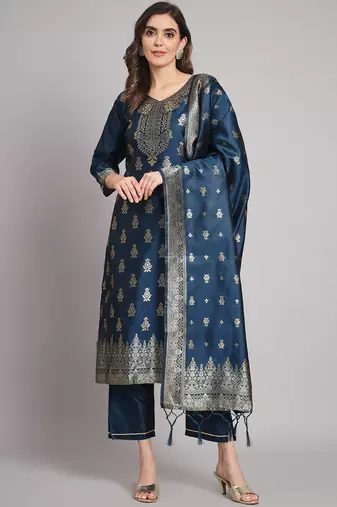 Blue embroidered cotton silk jacquard salwar suit