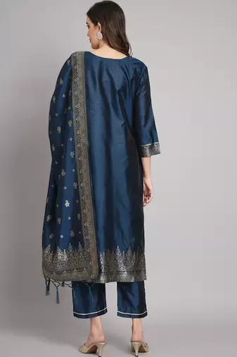 Blue embroidered cotton silk jacquard salwar suit