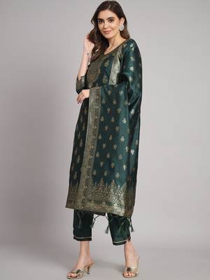 Green embroidered cotton silk jacquard salwar suit 1