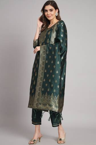 Green embroidered cotton silk jacquard salwar suit