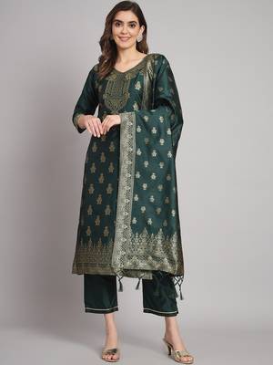 Green embroidered cotton silk jacquard salwar suit 2