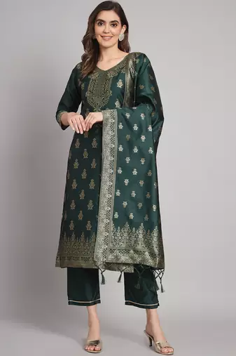 Green embroidered cotton silk jacquard salwar suit